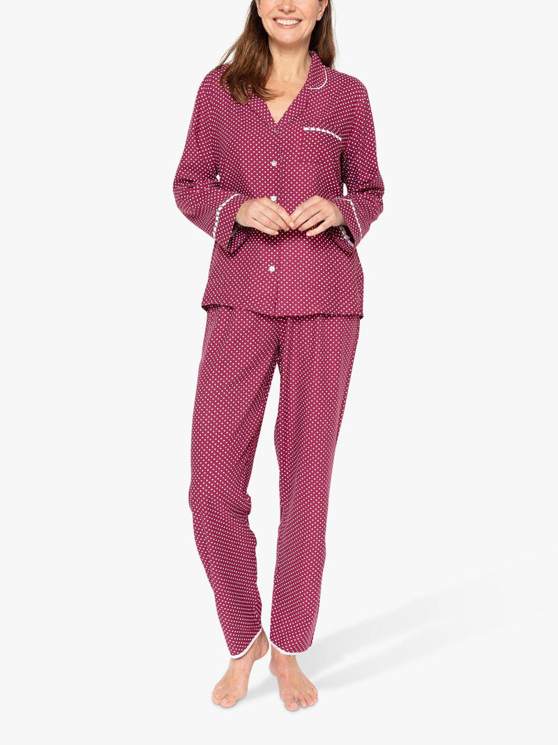 Long-Sleeve Spot Pattern Pyjama Set with White Piped Trim in Magenta Mix
