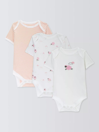 John Lewis Baby Cotton Sheep/Stripe Short Sleeve Bodysuits Infant Bodysuits Pack of 3
