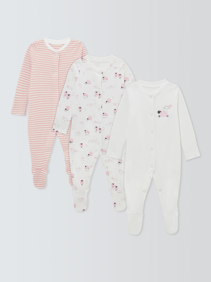 John Lewis Baby Sheep Long Sleeve Sleepsuits Pink, UK version