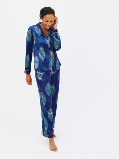 Long Sleeve Satin Pyjama Set with Peacock Feather Print