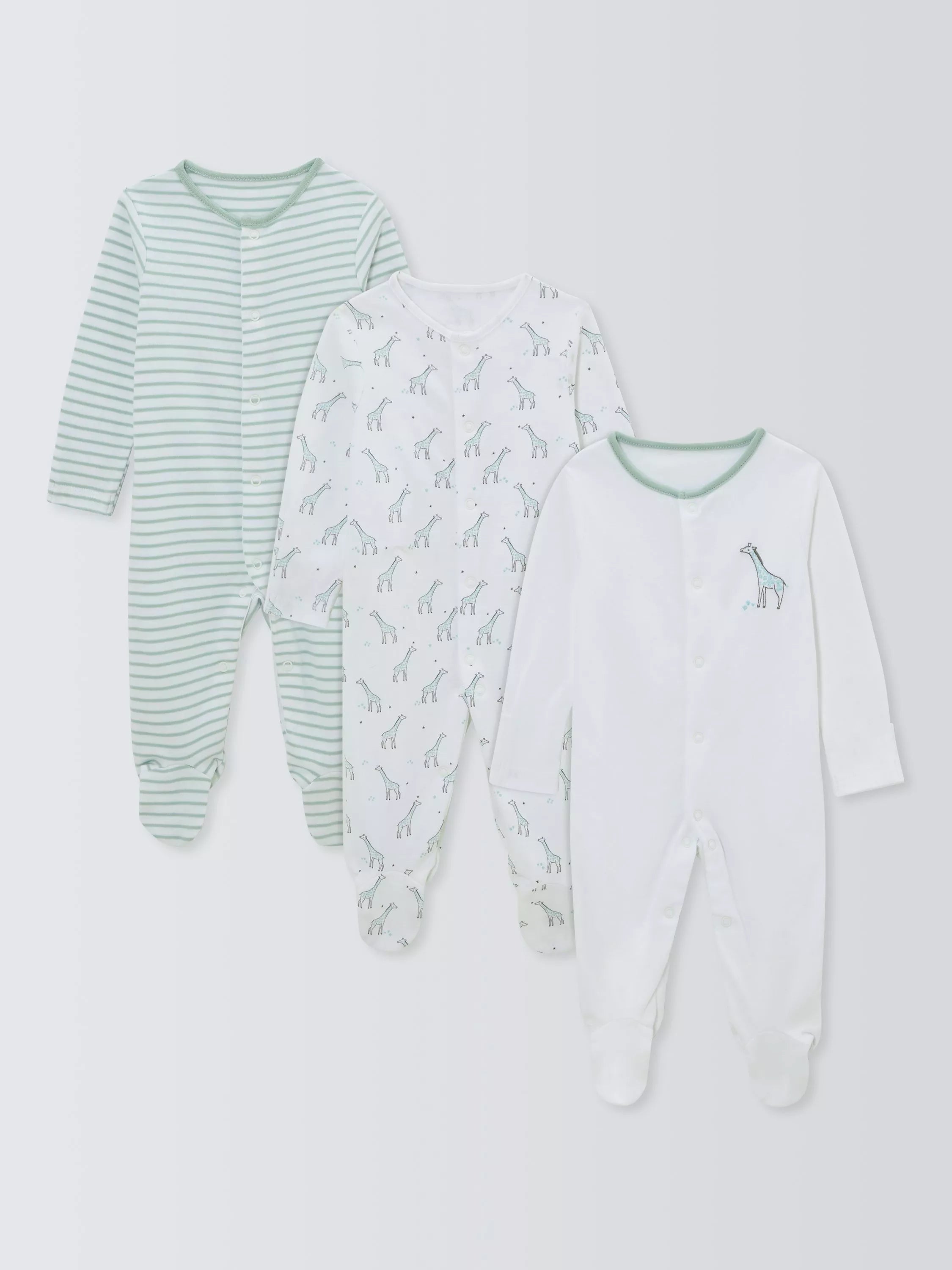 John Lewis Baby Giraffe & Stripe Sleepsuit, Pack of 3, Multi - McGrocer