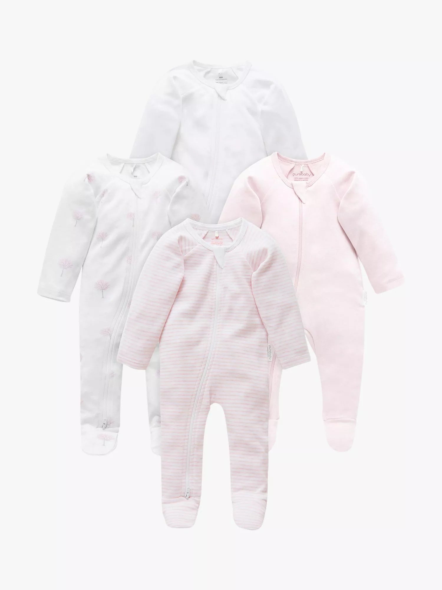 Purebaby Organic Cotton Essential Zip Front Growsuit, Pack of 4, Pink Melange - McGrocer