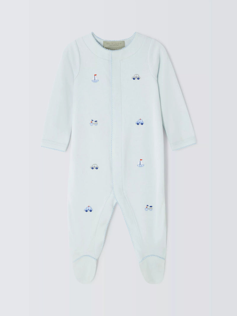 John Lewis baby transport-themed embroidered Pima cotton sleepsuit in blue, UK version
