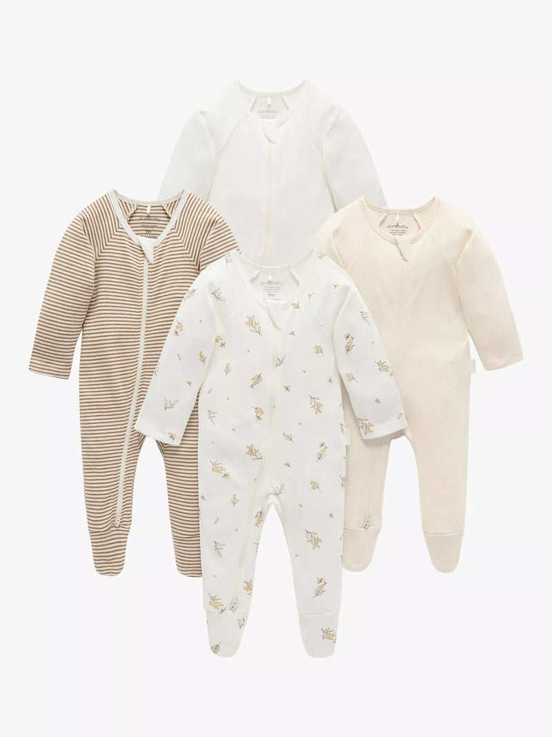 Purebaby Organic Cotton Sleepsuits Pack of 4, imported from the UK