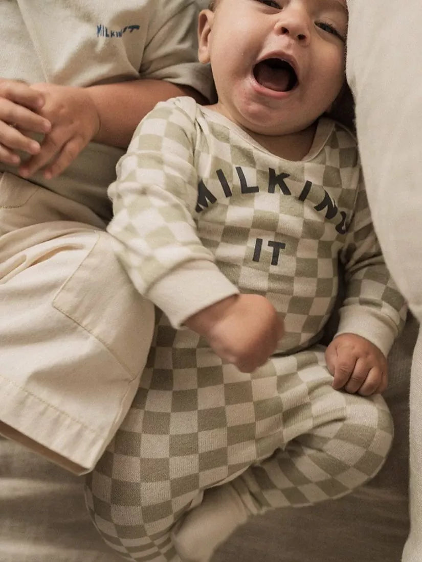 Claude & Co Baby Organic Cotton Milking It Checkerboard Onesie, Taupe - McGrocer