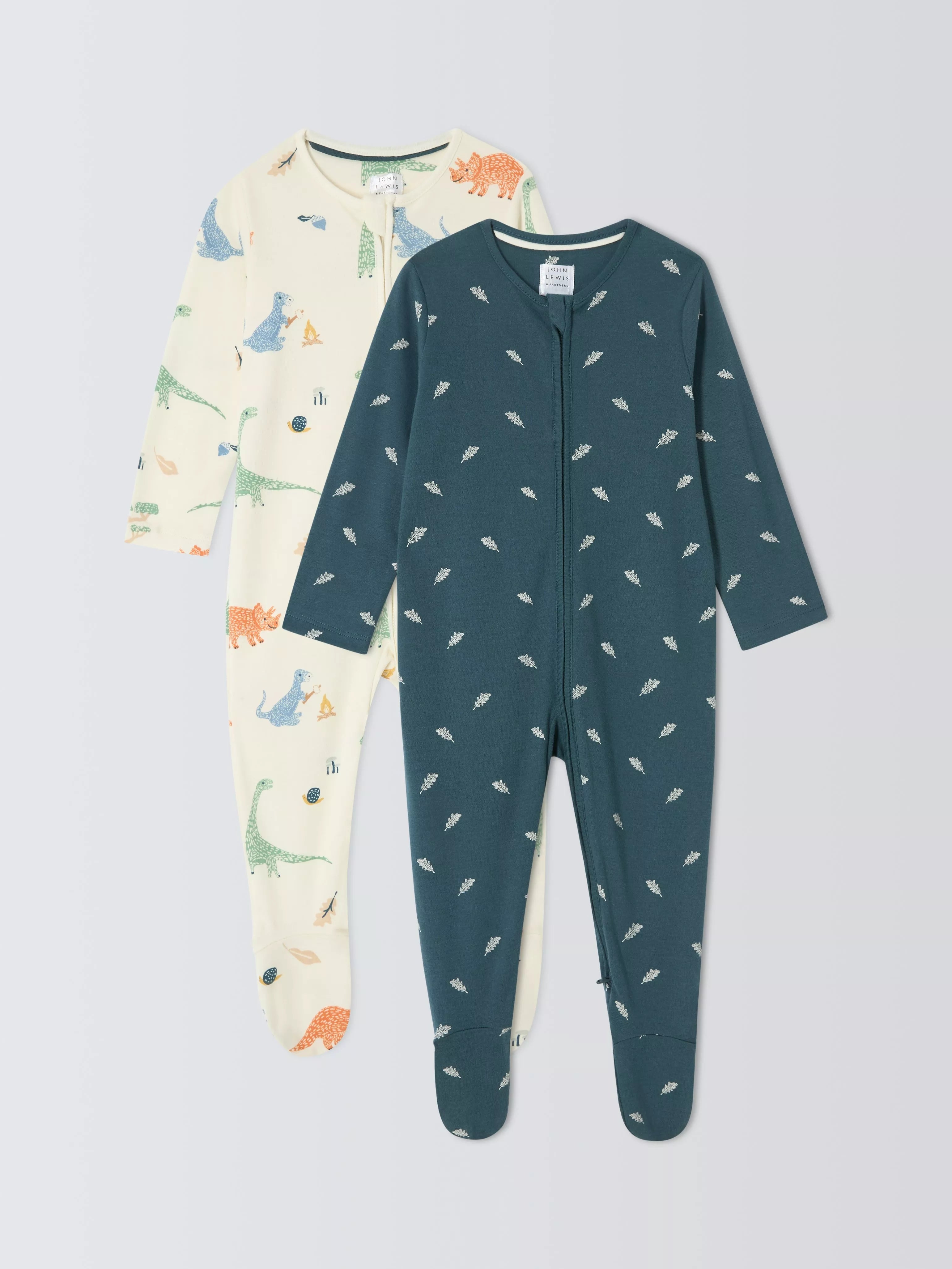 John Lewis Baby Dino Leaf Cotton Two Way Zip Sleepsuit, Pack of 2, Multi - McGrocer