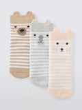 John Lewis Baby Organic Cotton Striped Animal Print Socks, Pack of 3, Multi - McGrocer
