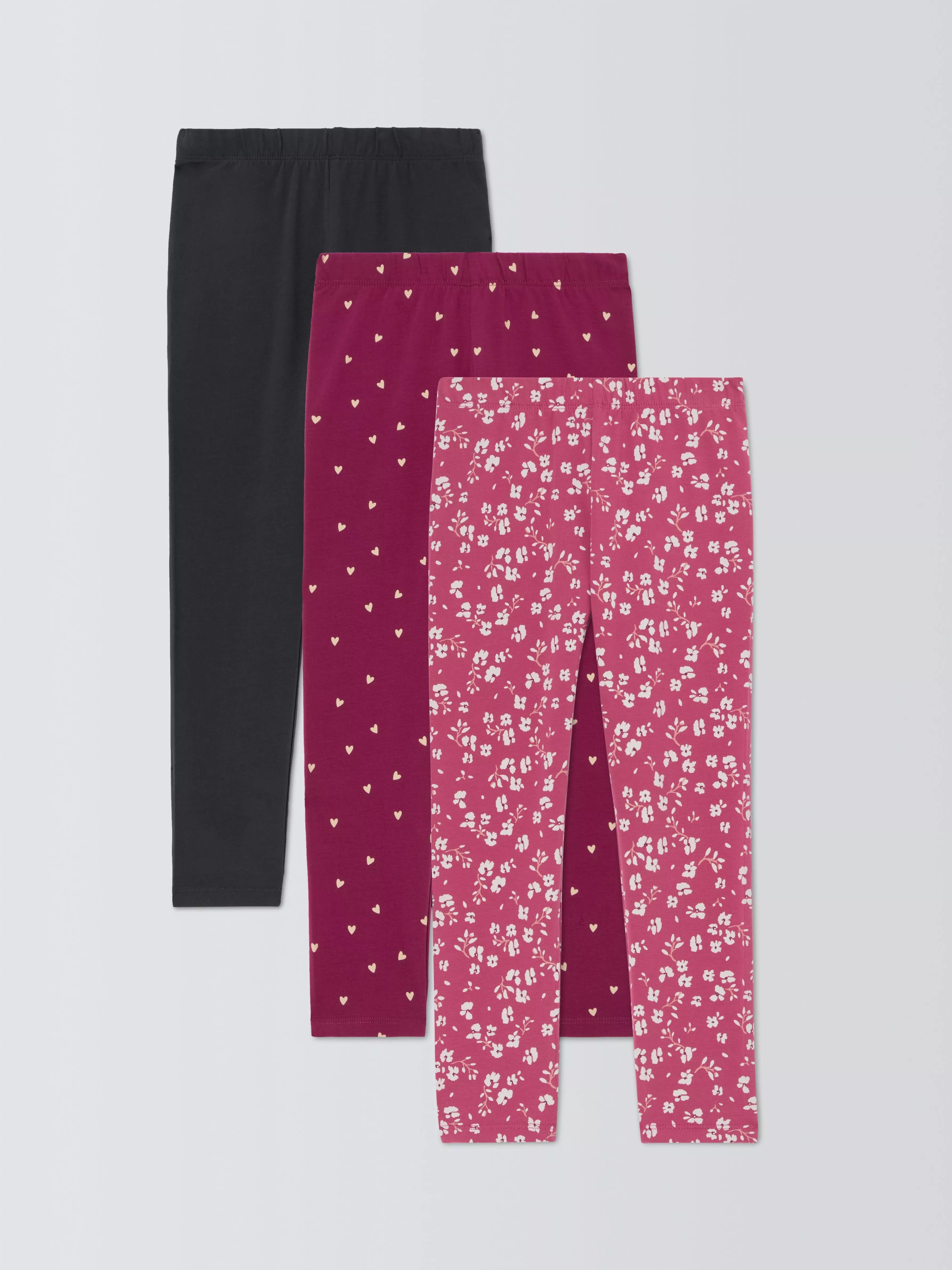John Lewis Kids' Plain/Heart/Floral Leggings, Pack of 3, Pink/Multi - McGrocer