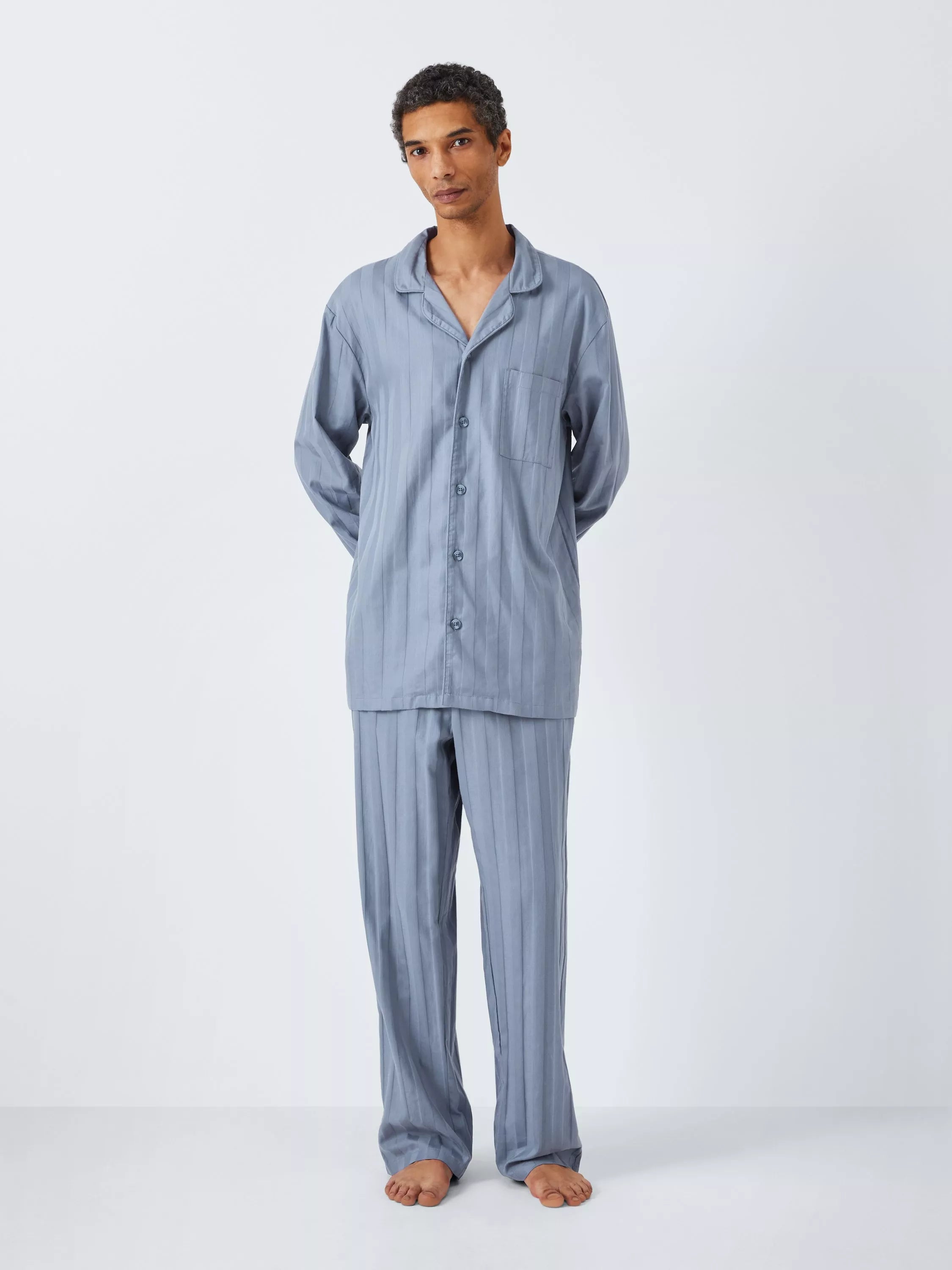 John Lewis Sateen Jacquard Pyjama Set, Blue Mid - McGrocer
