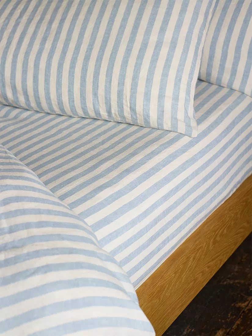 Piglet in Bed Pembroke Stripe Linen Fitted Sheet, Coastal Blue - McGrocer