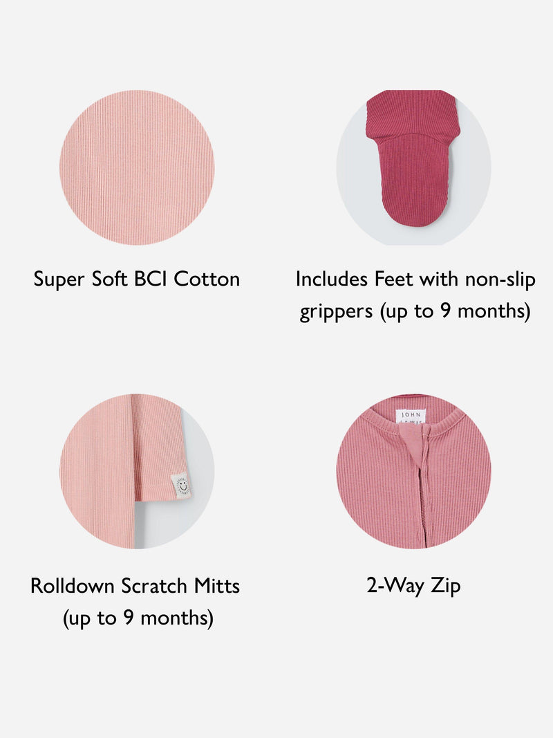John Lewis Cotton Ribbed Baby Sleepsuit Pack of 3, UK version