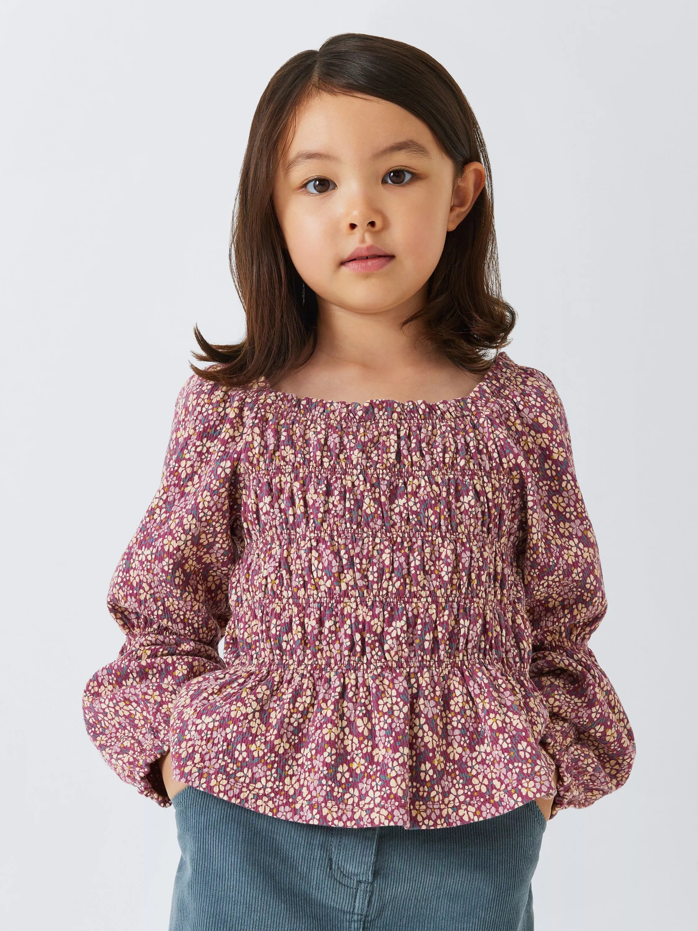 John Lewis Kids' Floral Jersey Crinkle Blouse, Berry Rose - McGrocer