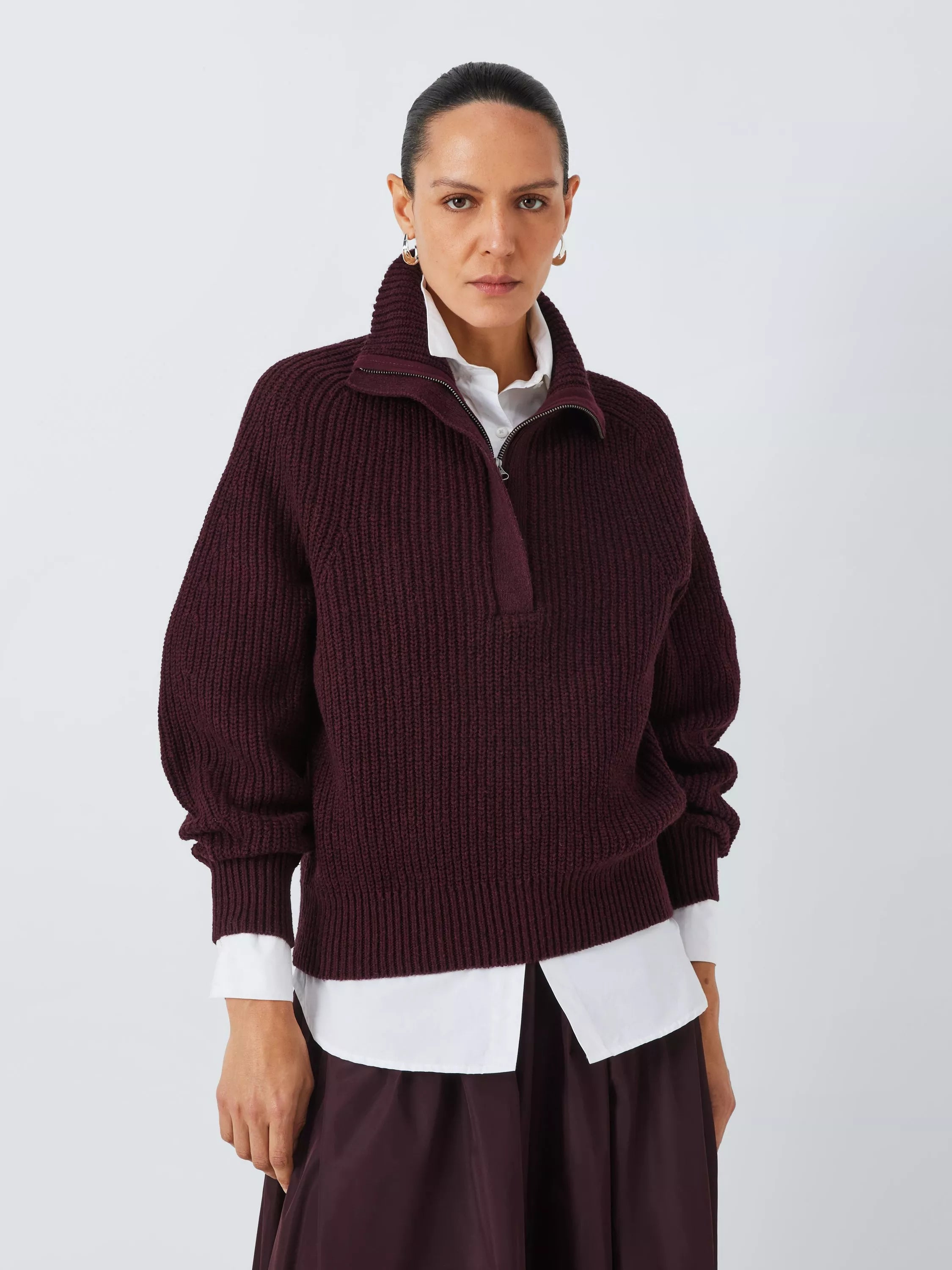 John Lewis Wool Cotton Blend Zip Neck Jumper, Berry - McGrocer