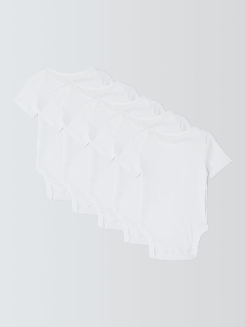 John Lewis White Cotton Short Sleeve Rib Baby Bodysuits Pack of 5, UK version