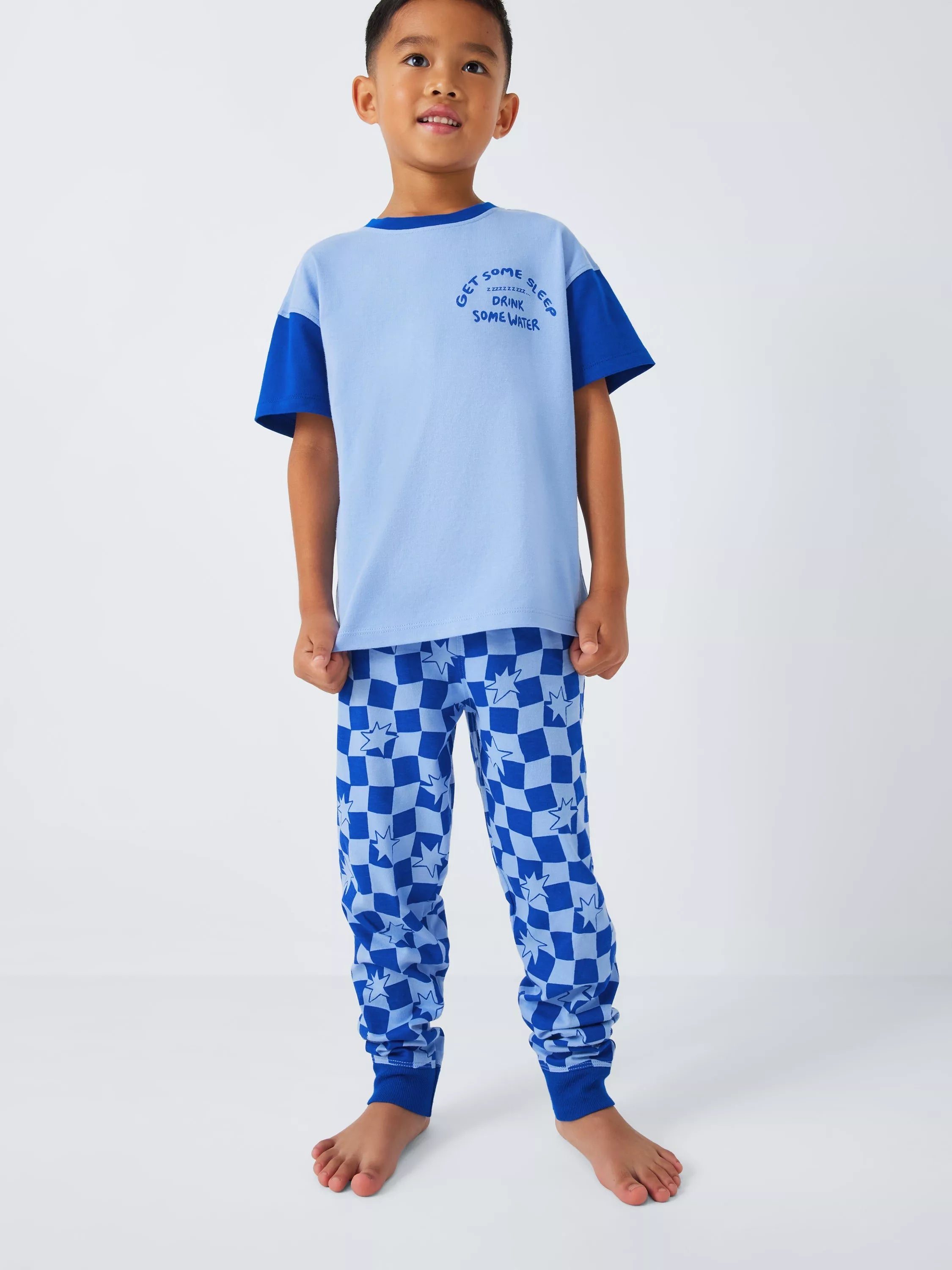 John Lewis ANYDAY Kids' Checkerboard Slogan Pyjamas, Blue - McGrocer