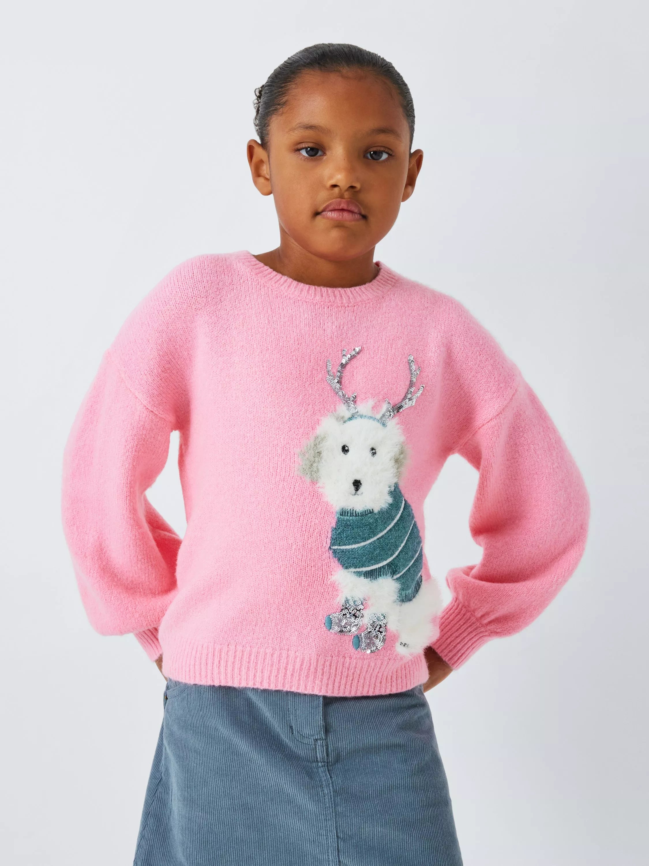 John Lewis Kids' Christmas Sequin Dog Jumper, Pink - McGrocer