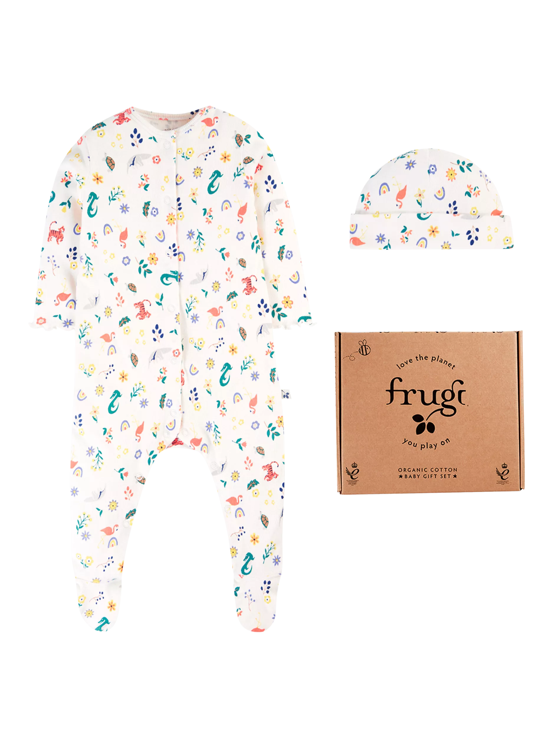 Frugi Baby Reve Rib Sleepsuit & Beanie Hat Gift Set, Multi - McGrocer