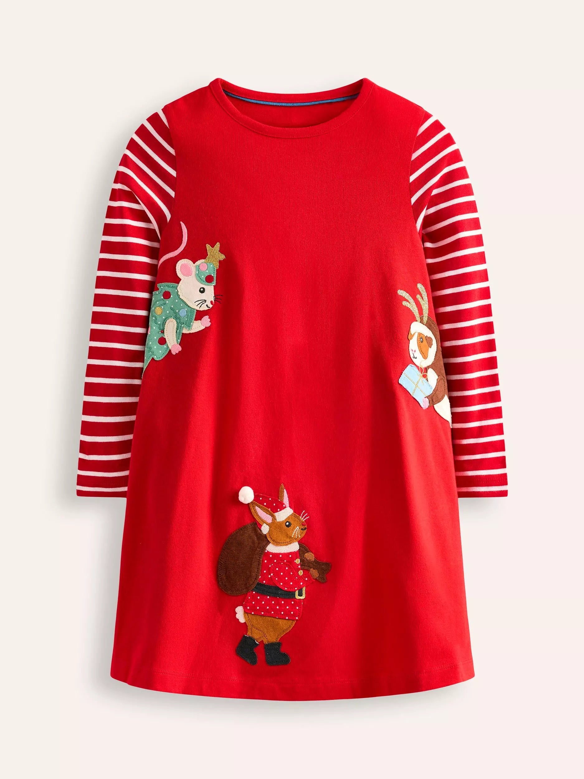 Mini Boden Kids' Elsie Cotton Christmas Big Applique Dress, Red - McGrocer