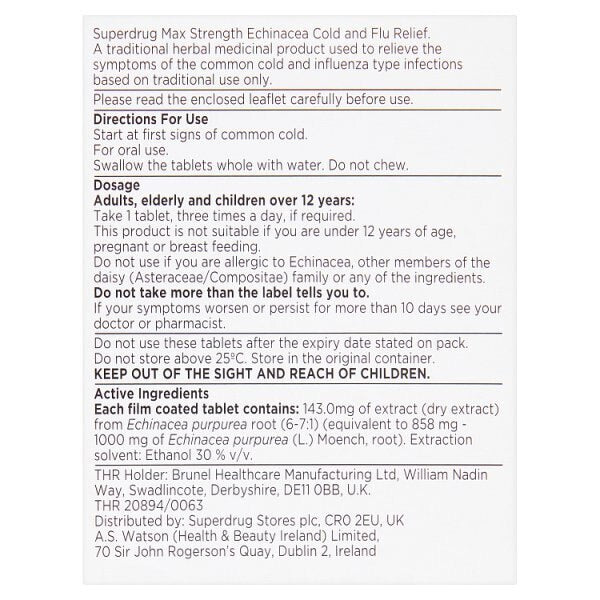 Superdrug Max Echinacea Cold & Flu Relief Tablets X 30 GOODS Superdrug