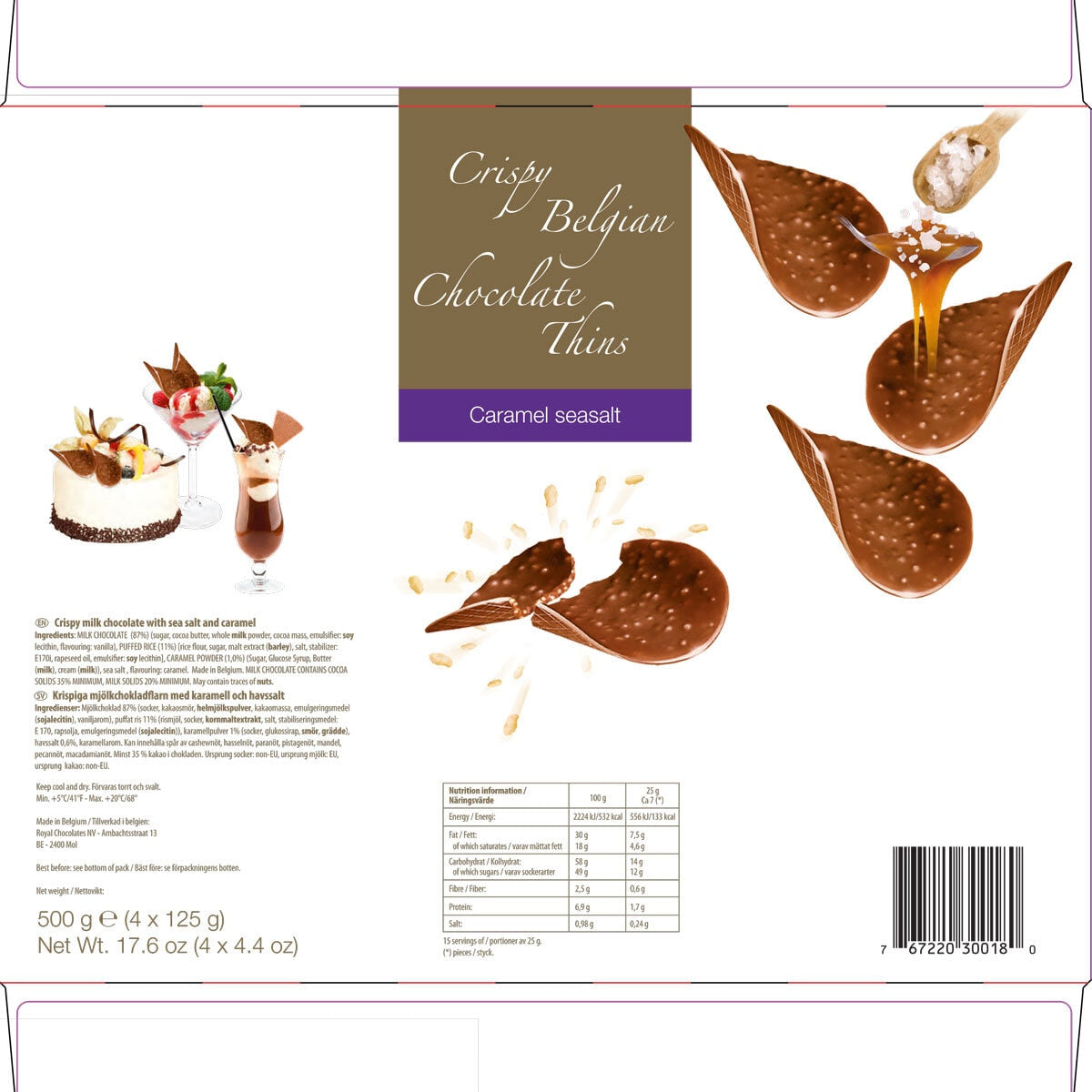 Belgian Chocolate Thins Caramel and Sea Salt, 4 x 125g - McGrocer