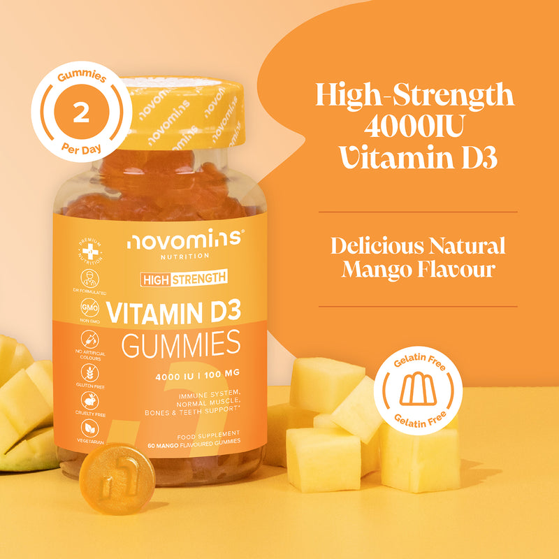 Novomins Vitamin D3 4000IU Mango Gummies 60, imported from the UK