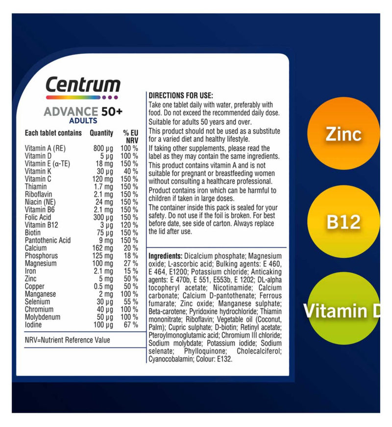 Centrum 50+ Multivitamins and Minerals 100 Tablets - British product