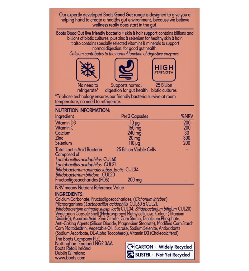 Boots Good Gut Probiotic Capsules Skin Hair Support 30 - British product