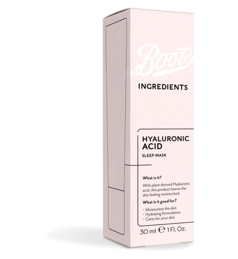 Boots Ingredients Hyaluronic Acid Sleep Mask 30ml, UK version