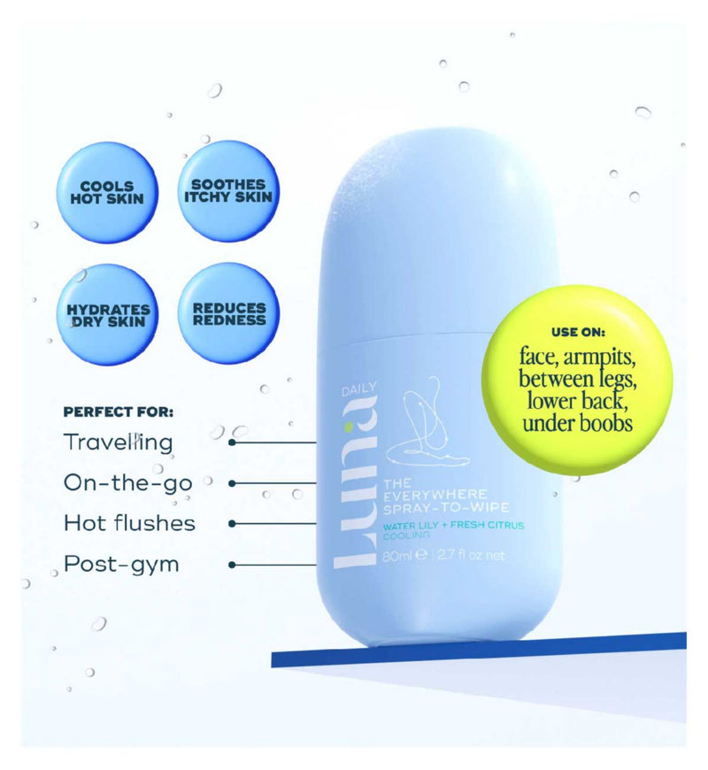 Luna Daily cooling spray-to-wipe Waterlily & Citrus 80ml, imported from the UK