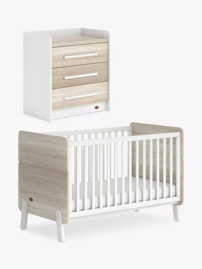 Boori Natty Cotbed with Mattress and Neat 3 Drawer Chest, White/Oak Nursery Furniture Set
