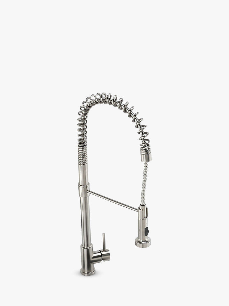 Abode stainless steel kitchen tap with single lever and pull-around head, 670mm high - British product