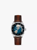 Men's Automatic Open Heart Watch with Leather Strap in Brown and Blue