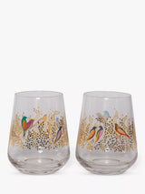 Set of Two Glass Tumblers 410ml with Birds Pattern in Clear/Multi