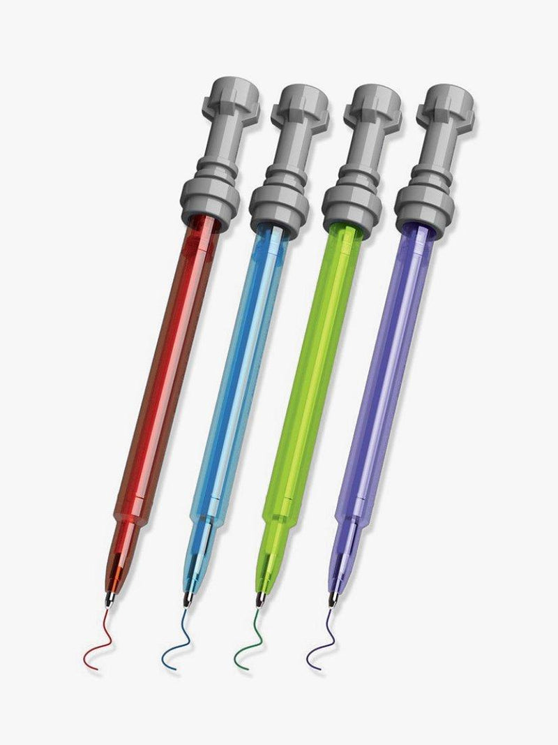 Set of 4 LEGO gel pens with red, blue, green, and purple ink, UK version