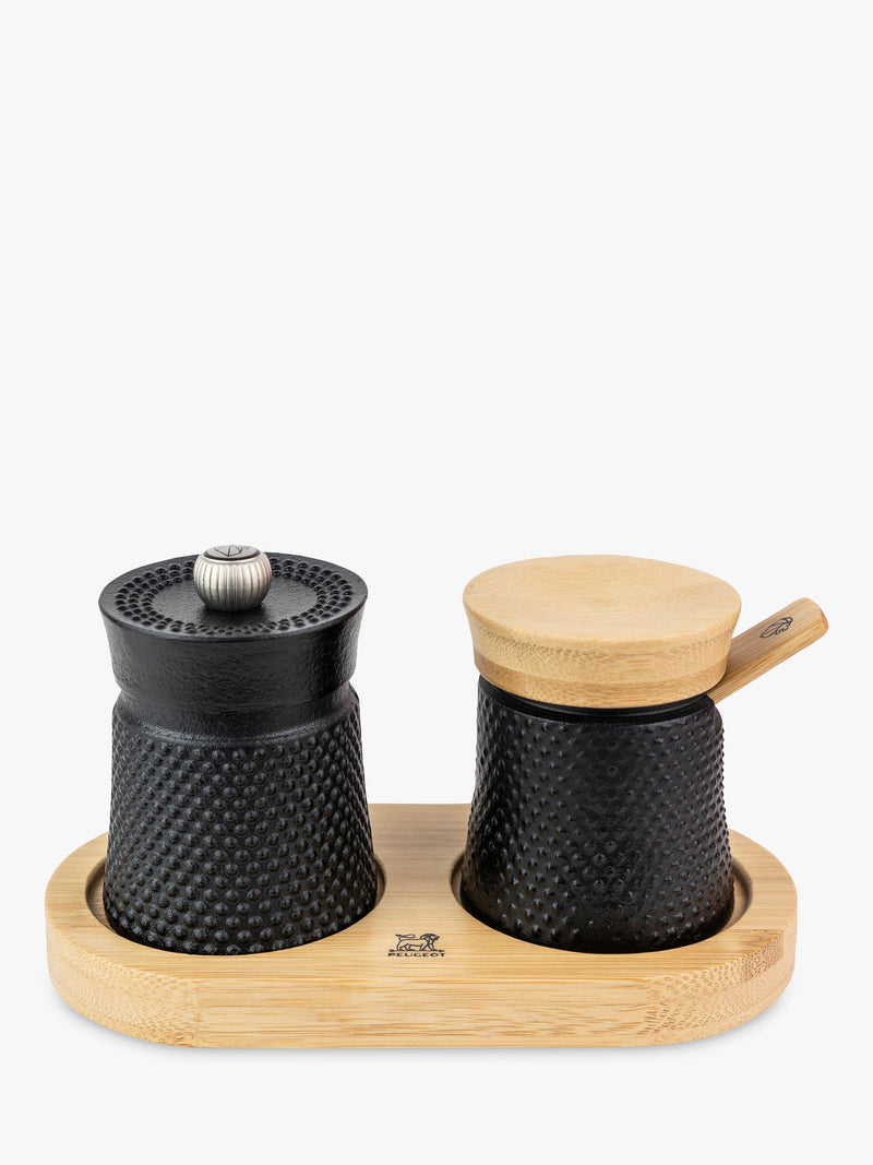 Peugeot Bali Spice Palace cast iron and bamboo pepper and salt mill set in matt black, imported from the UK