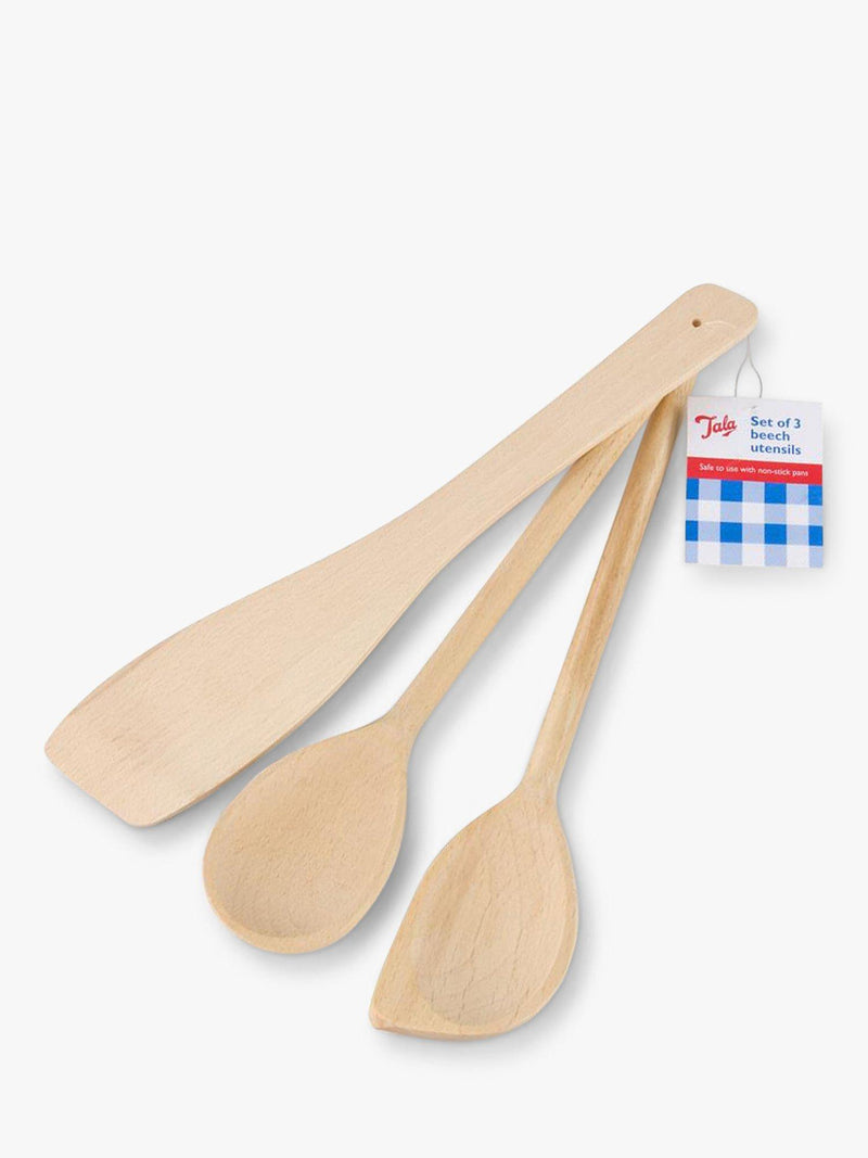 Tala set of 3 FSC-certified beech wood kitchen utensils (spoon, corner spoon, spatula) 30cm (British brand)