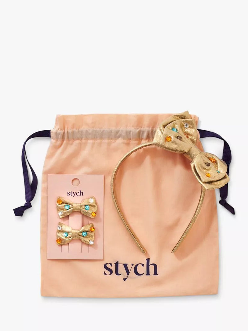 Stych kids gem bow hair band set with clips and headband in gold (British brand)