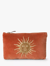 Sun Goddess Mini Velvet Pouch with Embroidered Motif in Rust
