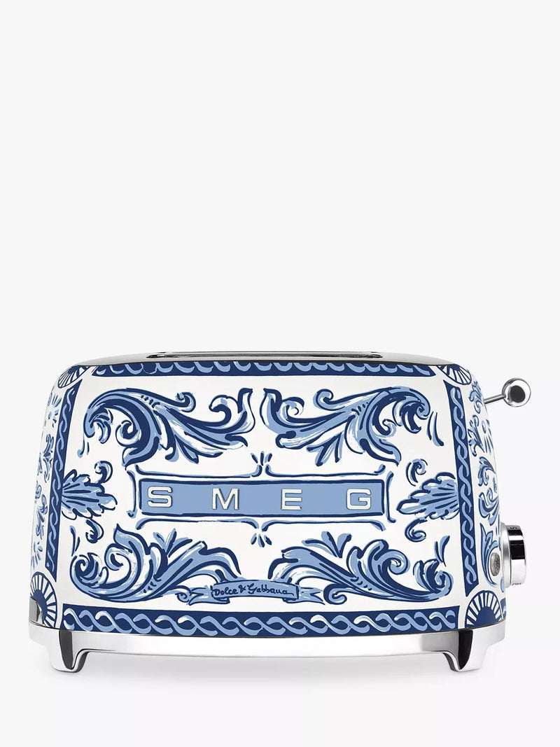 Smeg blue and white two-slot toaster with Mediterraneo design (British brand)