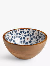 Mango Wood Salad Bowl with Enamelled Lisbon Tile Design, 24cm, Natural/Blue