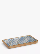 Rectangular Mango Wood Serving Platter with Lisbon Tile Pattern, Natural/Blue