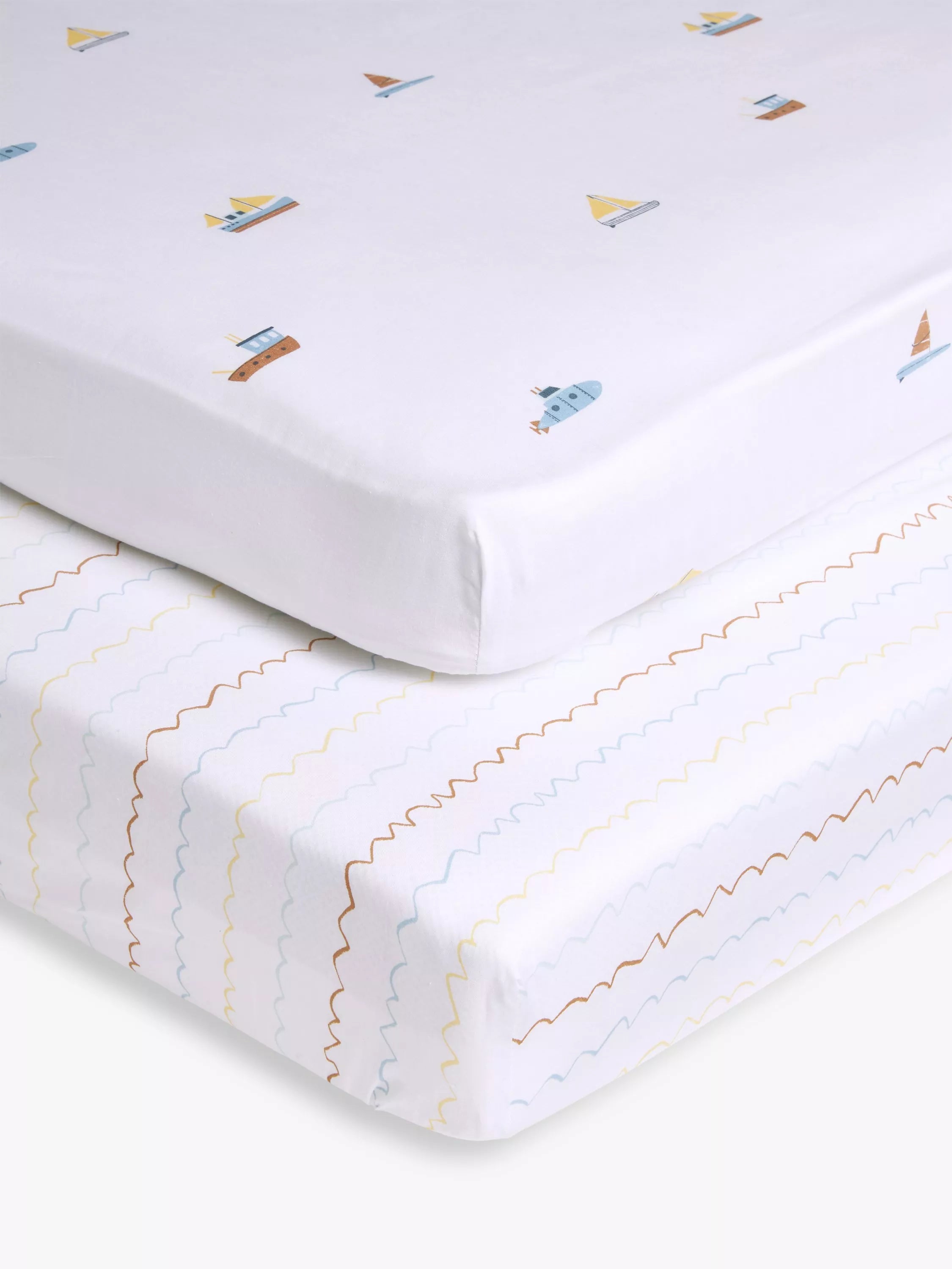 John Lewis Sail Away Cotton Fitted Baby Sheet, Pack of 2, Multi - McGrocer