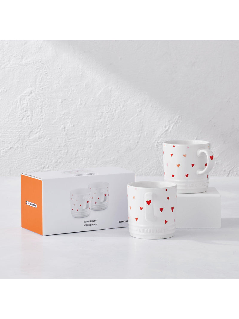 Le Creuset hearts stoneware mug set, 350ml, white and pink, UK version