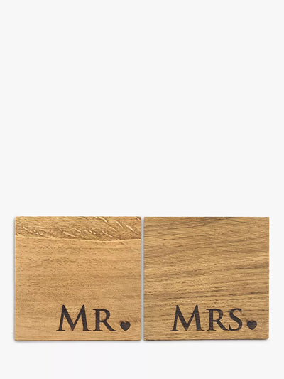 Selbrae House Mr & Mrs Square Oak Wooden Coasters Set of 2 Natural