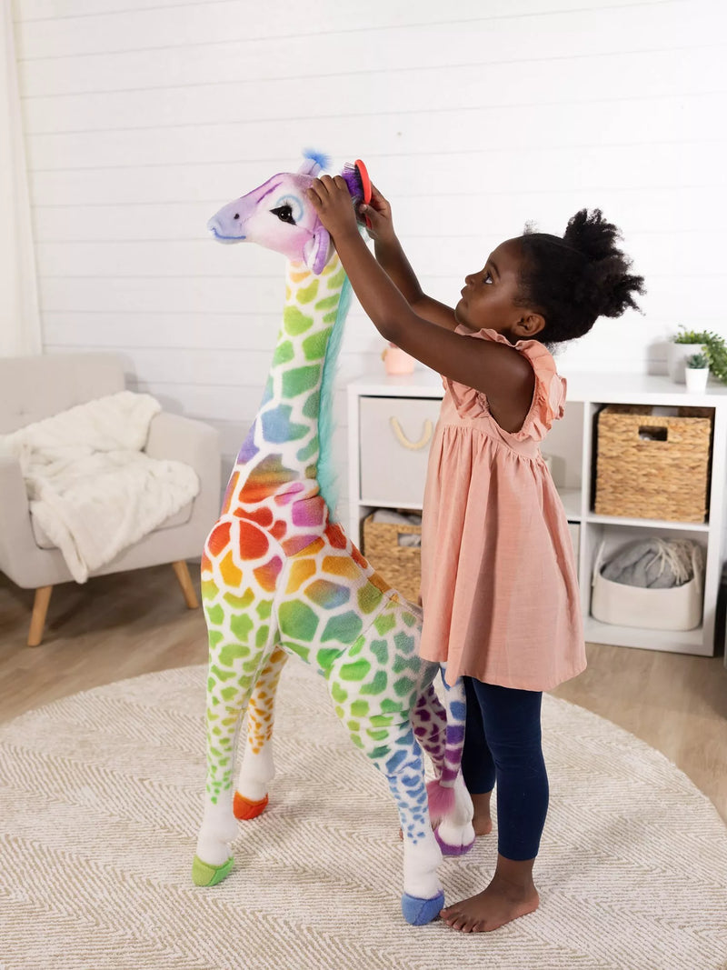 Melissa & Doug giant rainbow patterned stuffed giraffe soft toy four feet tall, imported from the UK