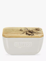 Ceramic Butter Dish with Oak Wood Lid and Bee Engraving, White