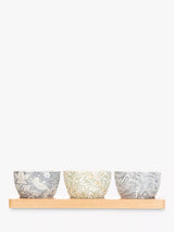 Set of 3 Ceramic Prep Bowls with Mixed Prints and Beech Tray