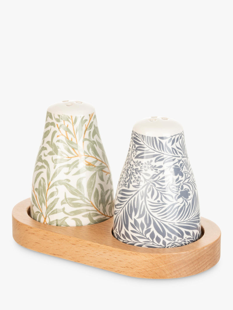Salt and pepper set with William Morris print and wooden base (British brand)
