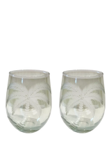Palm Etched Glass Tumblers, Set of 2, 450ml, Green