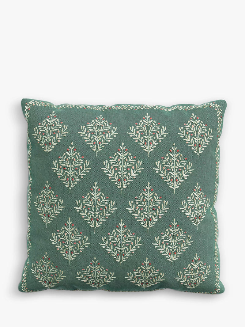 Square Embroidered Cushion with Tree Motifs and Linen-Cotton Blend